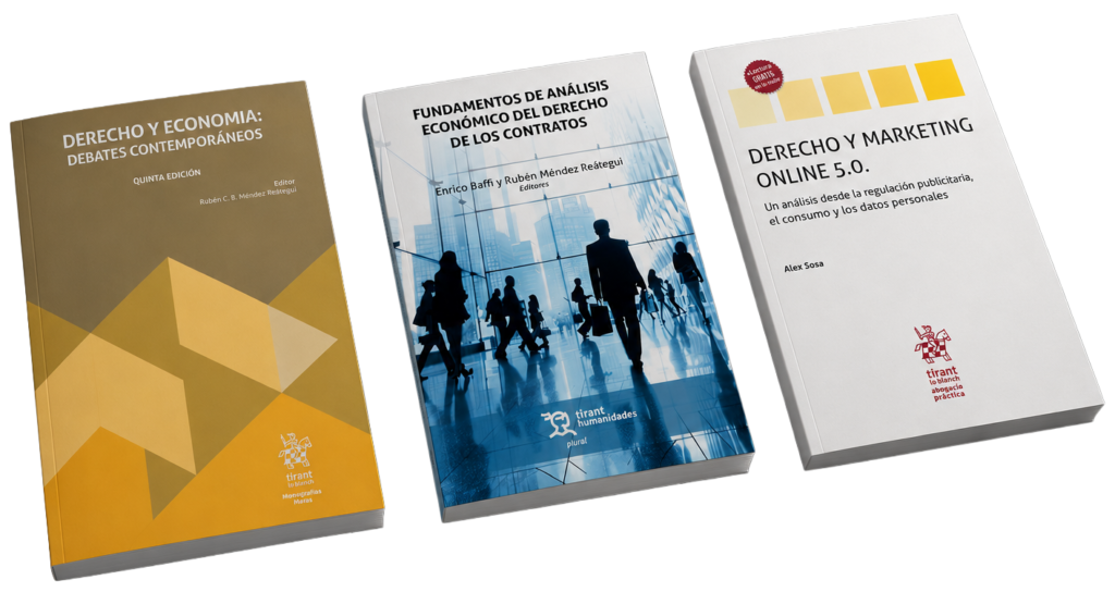 mock up 2 Derecho y Economía: debates Contemporáneos, 5ta Edición, Derecho y Marketing Online 5.0, y Fundamentos de Análisis Económico del Derecho de los Contratos